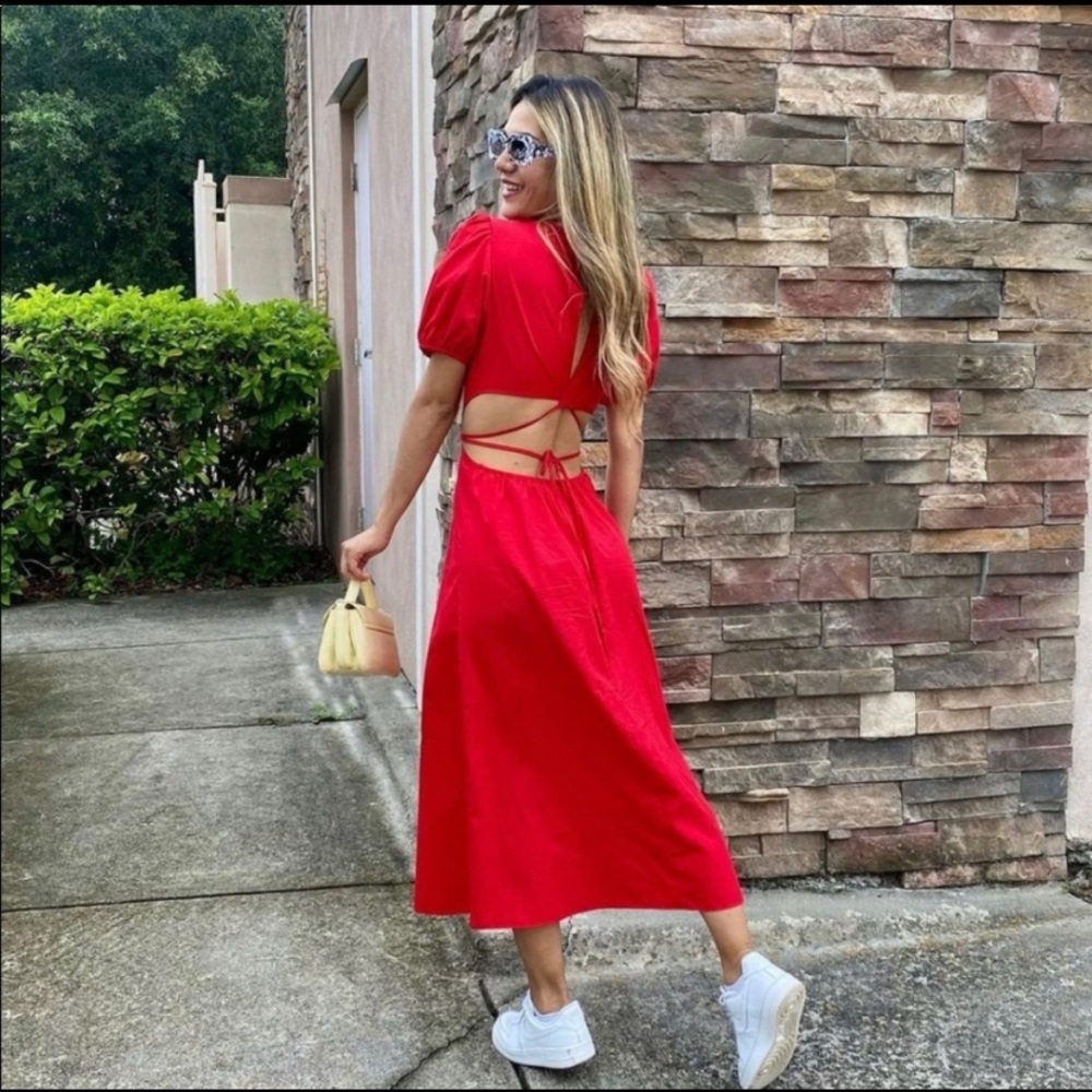 Zara Red Poplin midi dress with tie back and open waisted. Looks stunning!